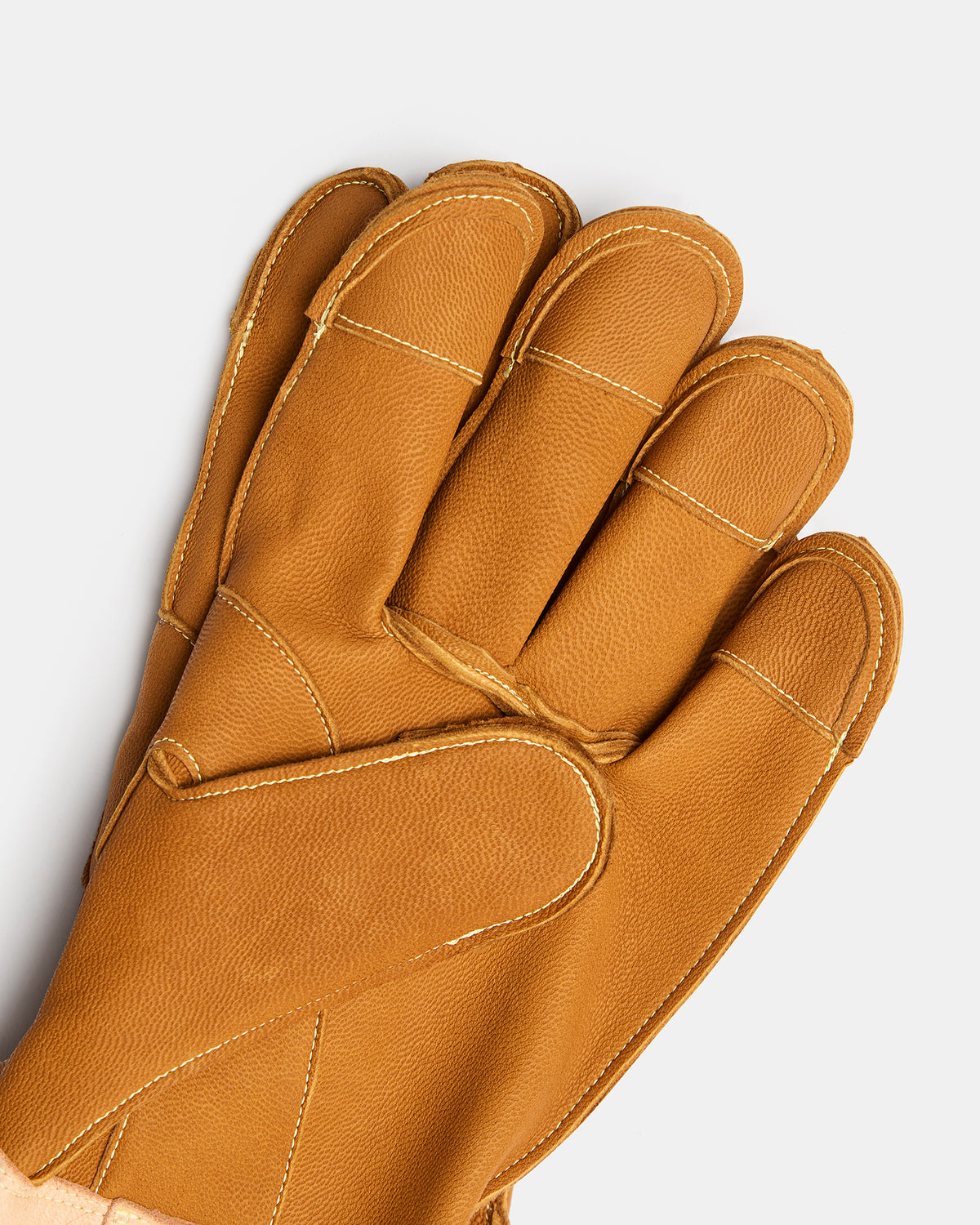 Close-up of full-grain goat leather and Kevlar reinforcement and stitching on Vuogas gloves