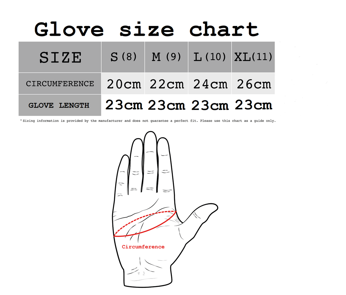 Molg gloves size chart