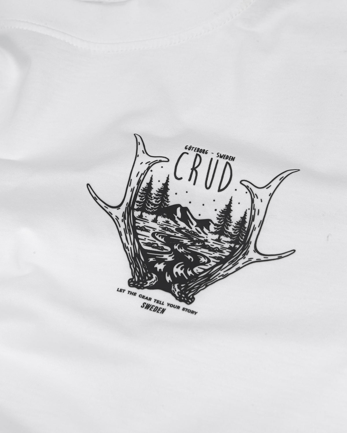 Close-up of CRUD logo on Pima cotton T-shirt