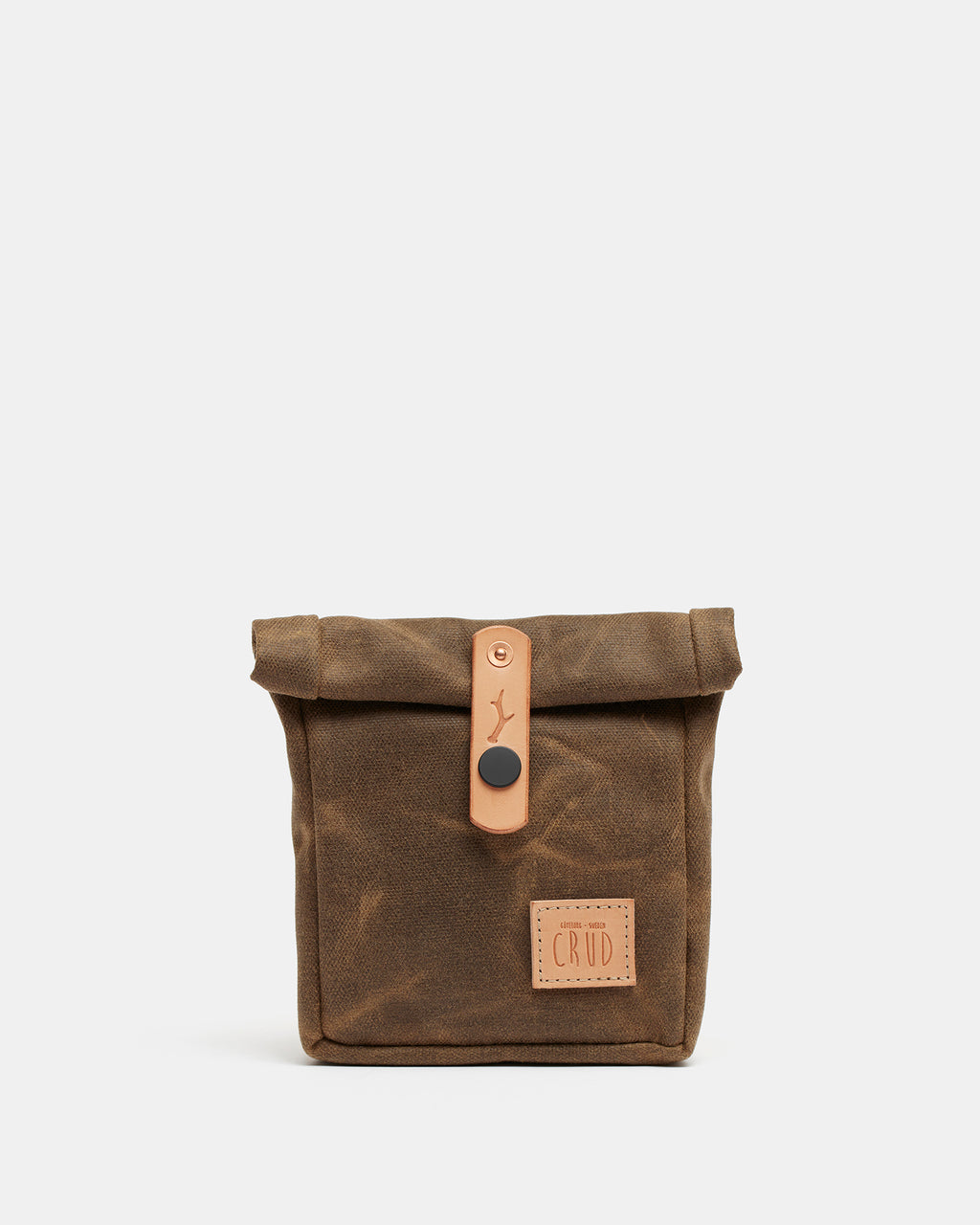 Leather hip pouch with waxed canvas and snap button closure
