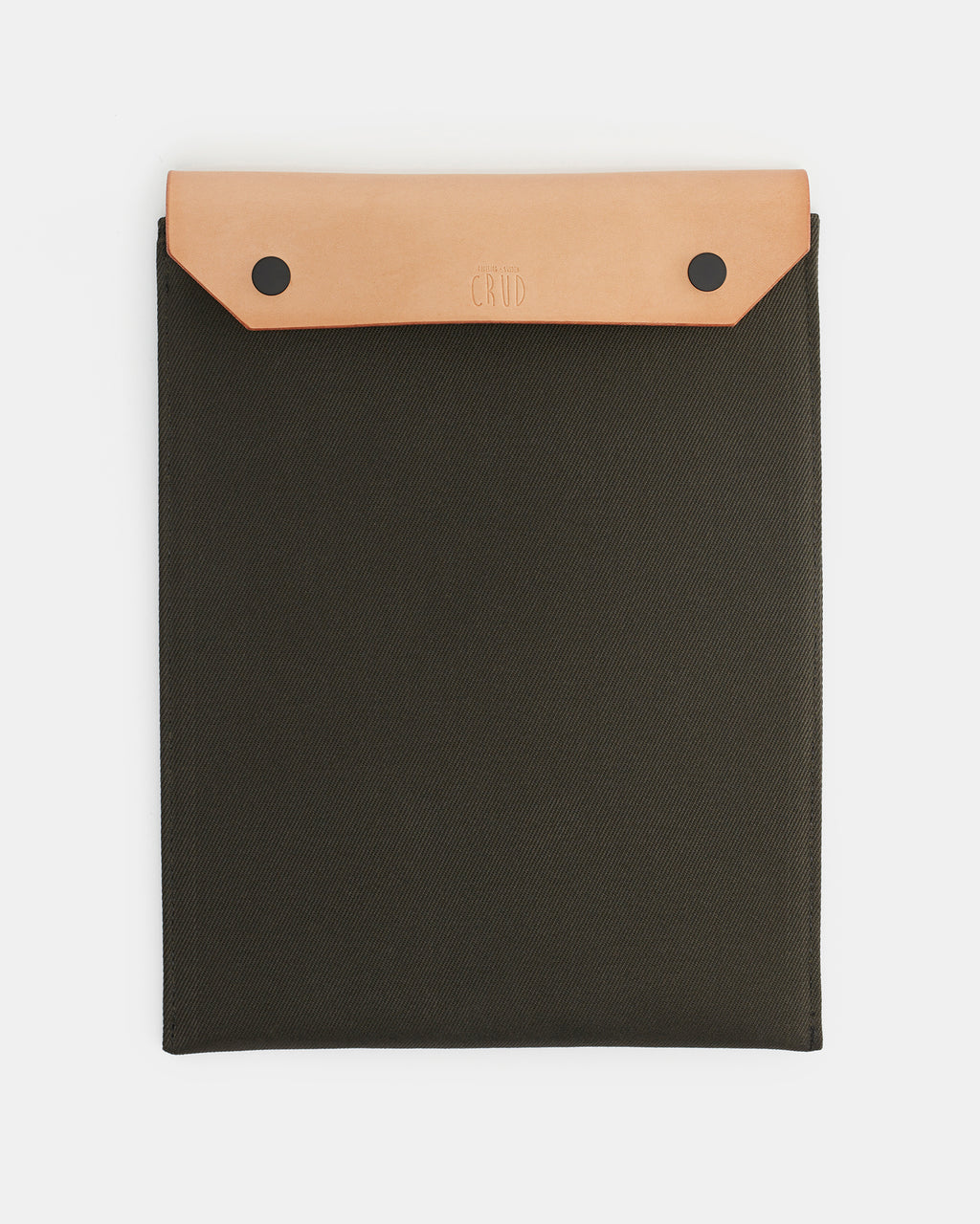 Natural canvas laptop sleeve with leather lid and snap buttons