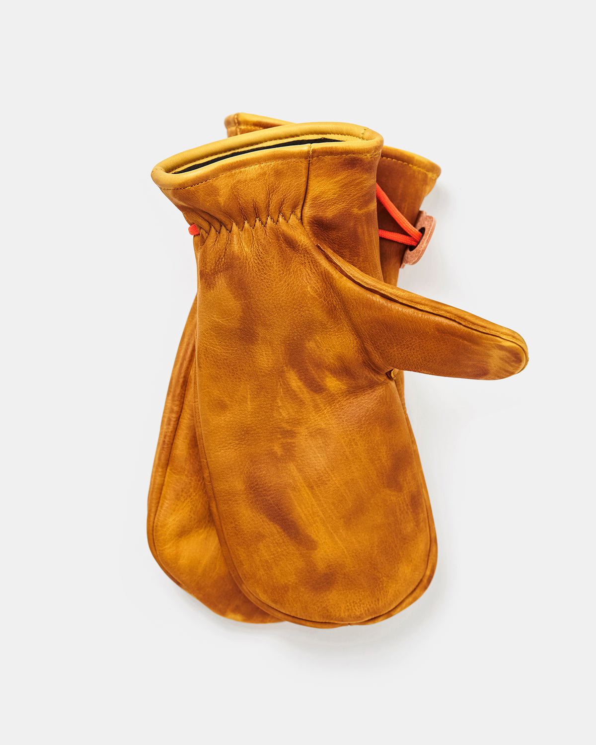 Palm view of Mitsuhiko yellow leather mittens showing stitching