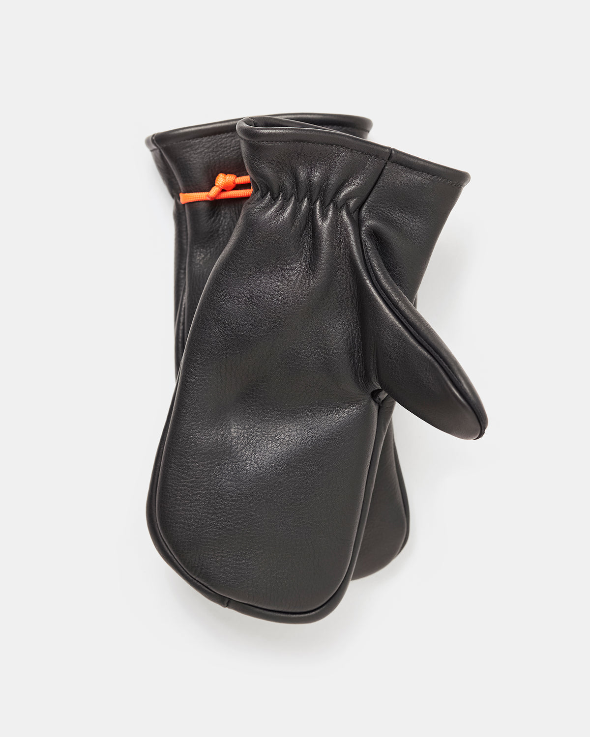 Palm view of Mitsuhiko black leather mittens showing stitching