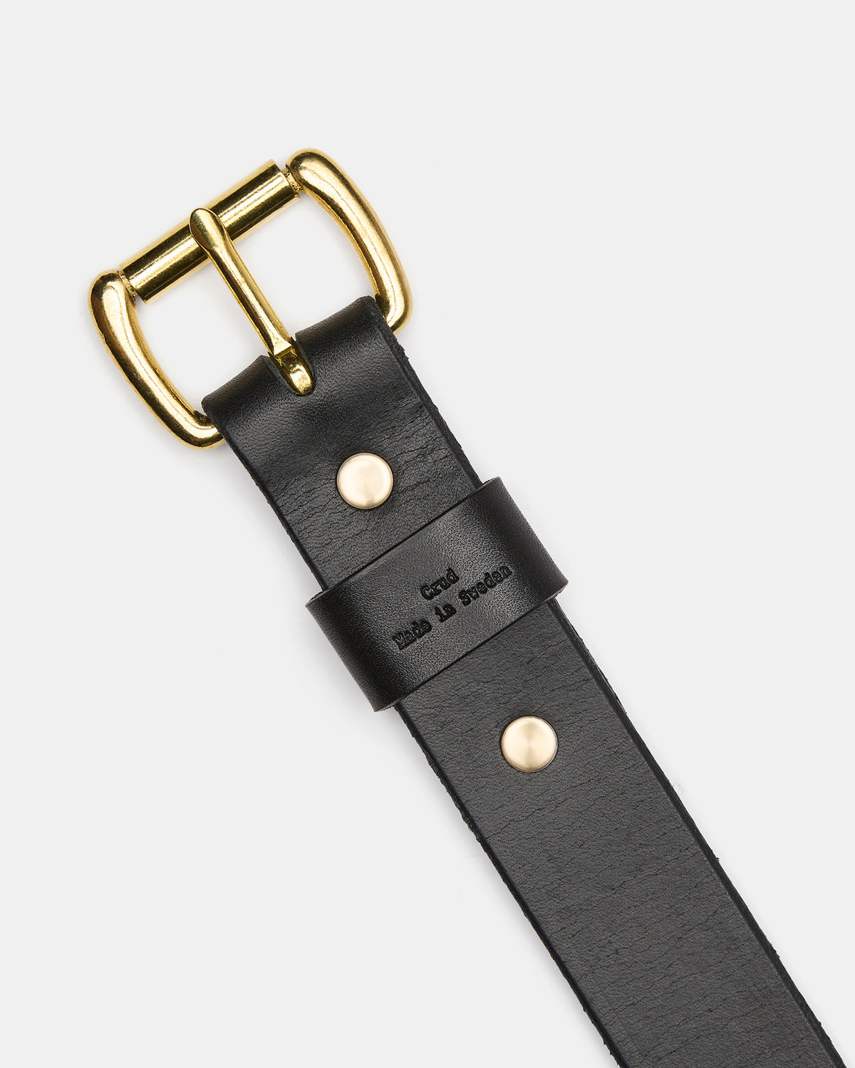 Close-up of brass Chicago screws securing the CRUD leather belt