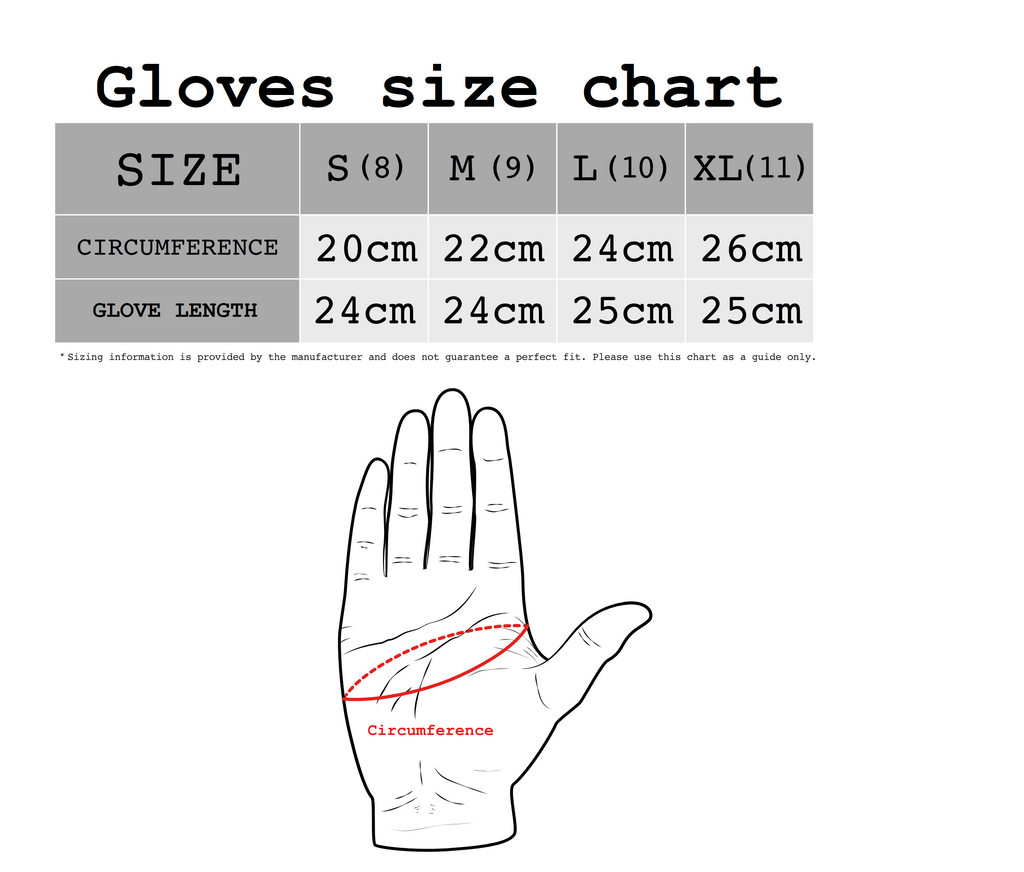 Size chart for Mitsuhiko Thinsulate-lined mittens