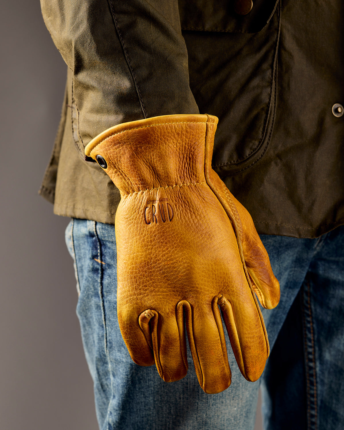 Gjöra Elk Skin gloves made in the USA with natural wax finish on model