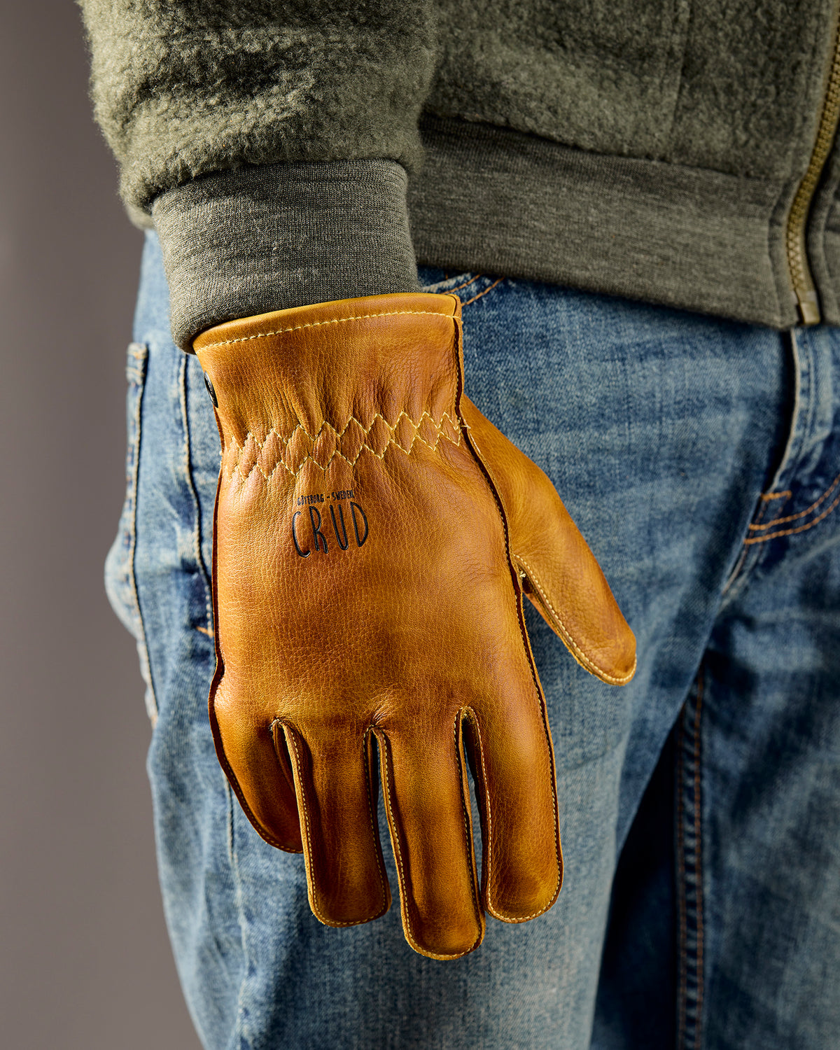 Molg unlined leather work gloves made from A-grade full-grain cowhide on model