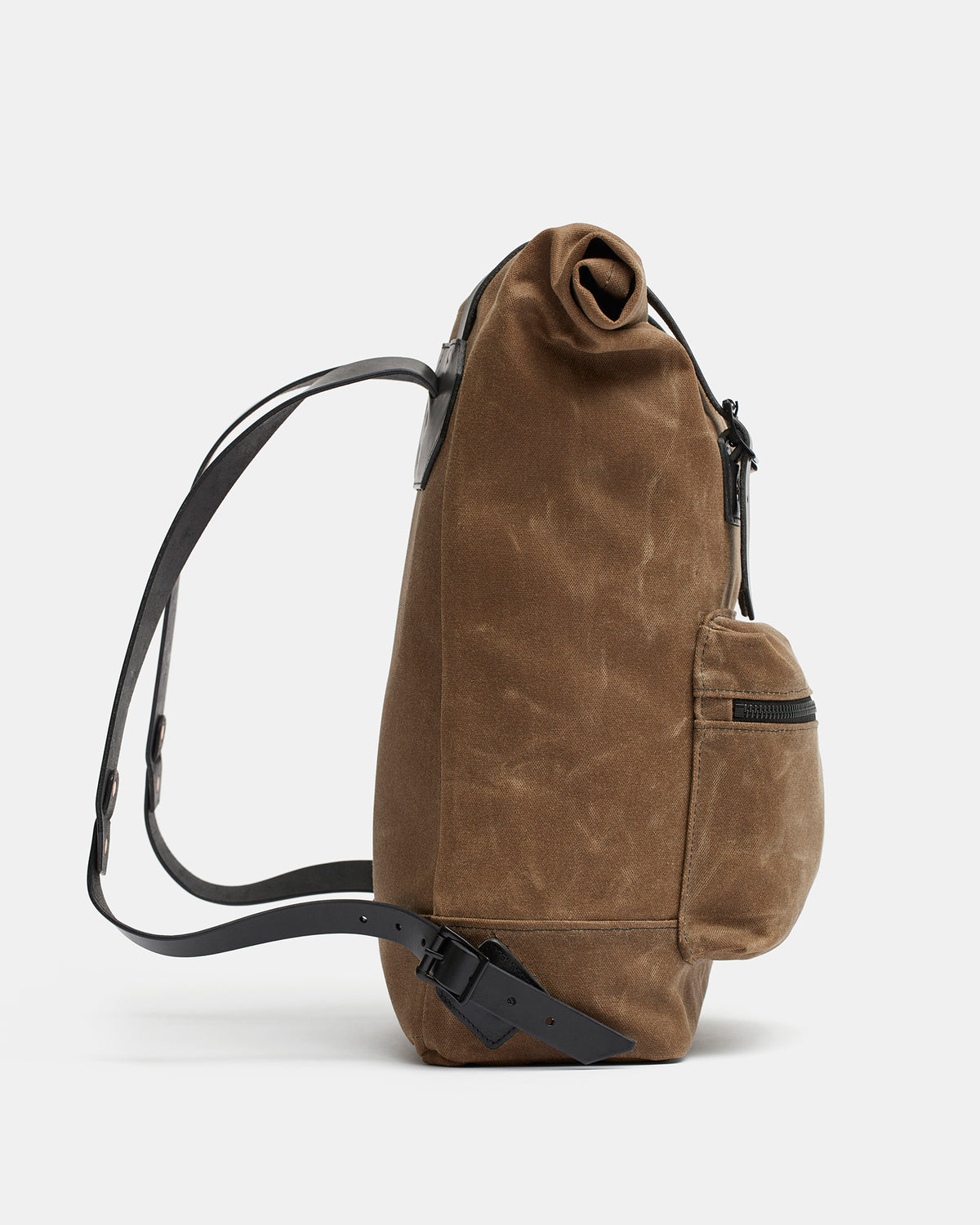 Landö Swedish-made roll-top backpack in black waxed canvas side